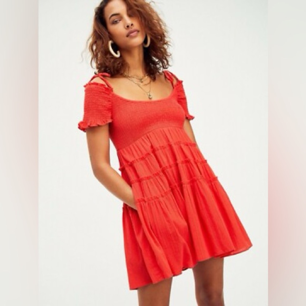 Free People Happy With You Smocked Top Off Shoulder Mini Dress Red XS